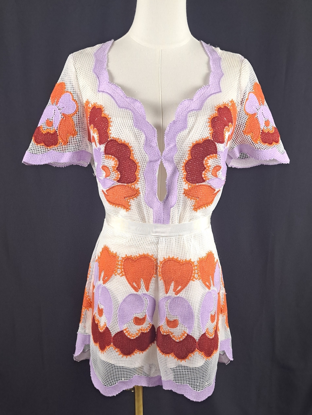 ​L'ATISTE Crochet Floral Romper Jumpsuit Bright Whimsy Boho Fun Maximalist Sz L